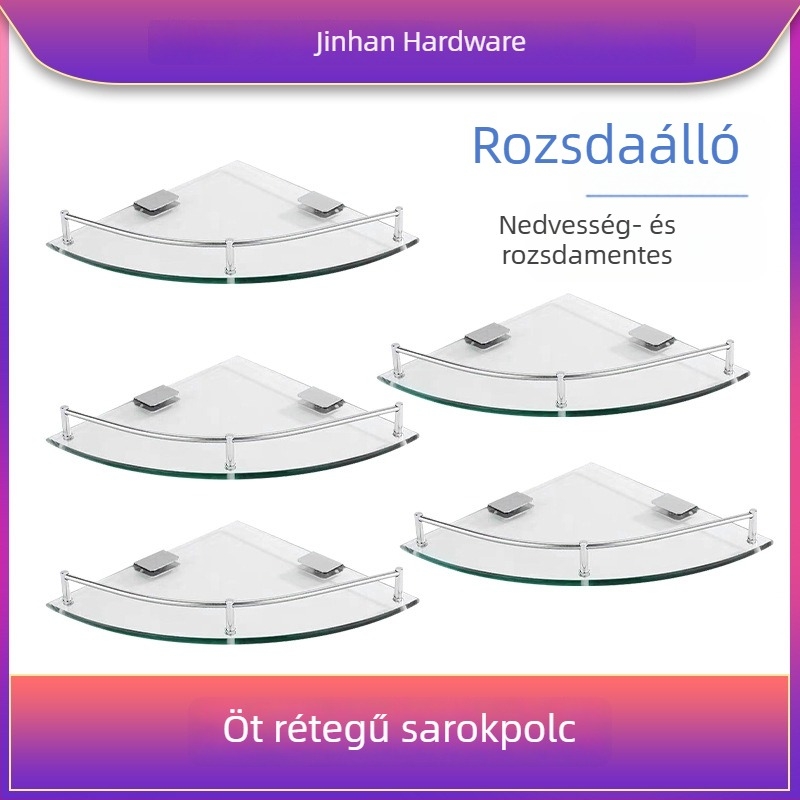 Háromszögletes üveges fürdőszobai polc, sarokba falra szerelhető, egy rétegű, polírozott felület, teherbírás 1–5 kg
