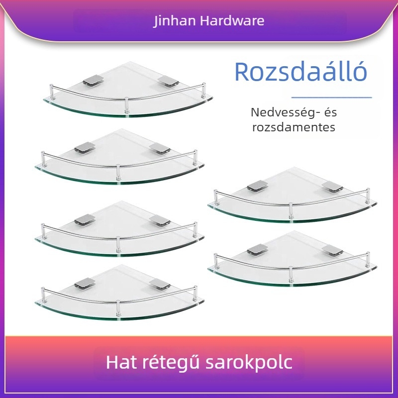 Háromszögletes üveges fürdőszobai polc, sarokba falra szerelhető, egy rétegű, polírozott felület, teherbírás 1–5 kg