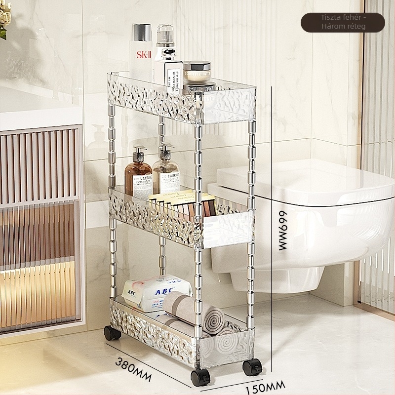 Műanyag 4‑szintes fürdőszobai tárolóállvány vécé és mosdó közötti térhez, 5 kg teherbírás