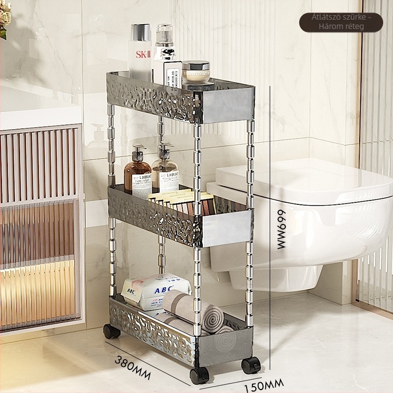 Műanyag 4‑szintes fürdőszobai tárolóállvány vécé és mosdó közötti térhez, 5 kg teherbírás