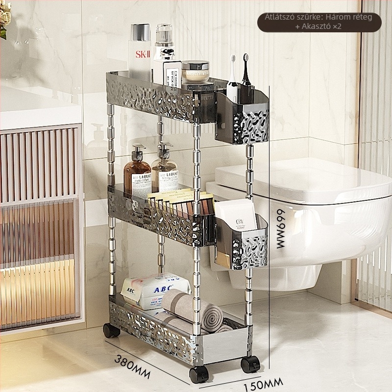 Műanyag 4‑szintes fürdőszobai tárolóállvány vécé és mosdó közötti térhez, 5 kg teherbírás