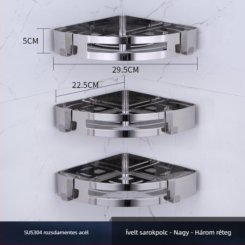 WC sarok falra szerelhető tároló, rozsdamentes acél, polírozott felület, 2 rétegű, modell 750, teherbírás 10