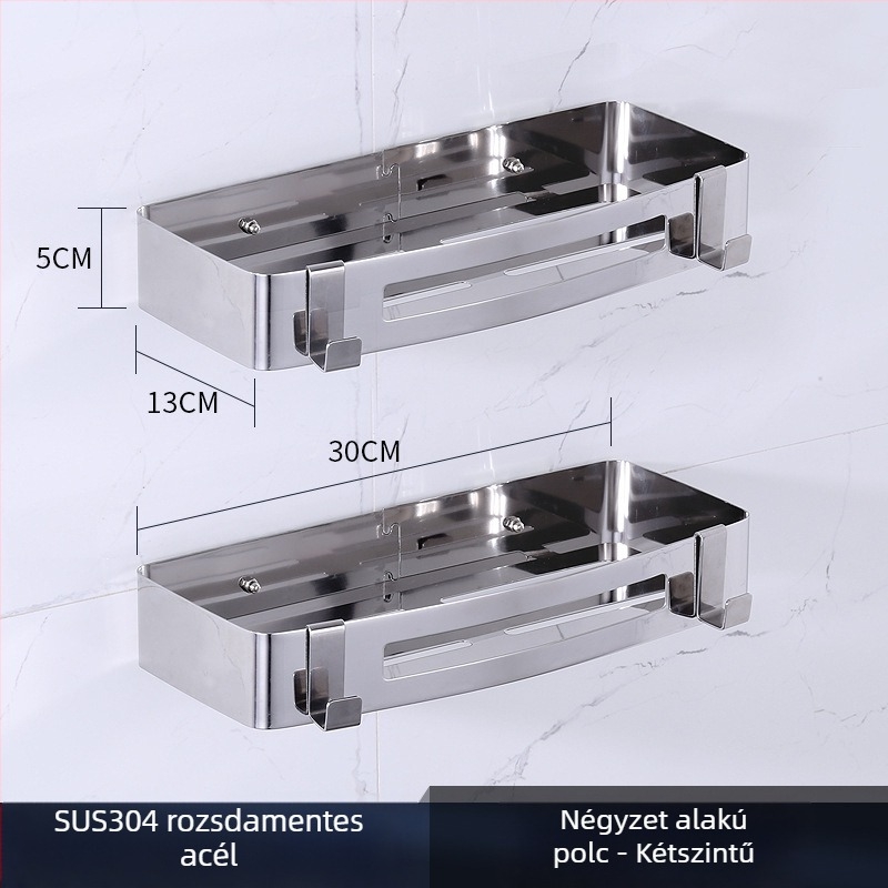 WC sarok falra szerelhető tároló, rozsdamentes acél, polírozott felület, 2 rétegű, modell 750, teherbírás 10