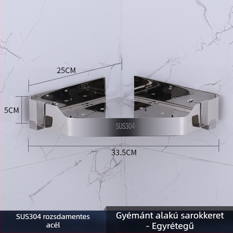 WC sarok falra szerelhető tároló, rozsdamentes acél, polírozott felület, 2 rétegű, modell 750, teherbírás 10