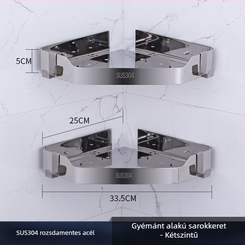 WC sarok falra szerelhető tároló, rozsdamentes acél, polírozott felület, 2 rétegű, modell 750, teherbírás 10