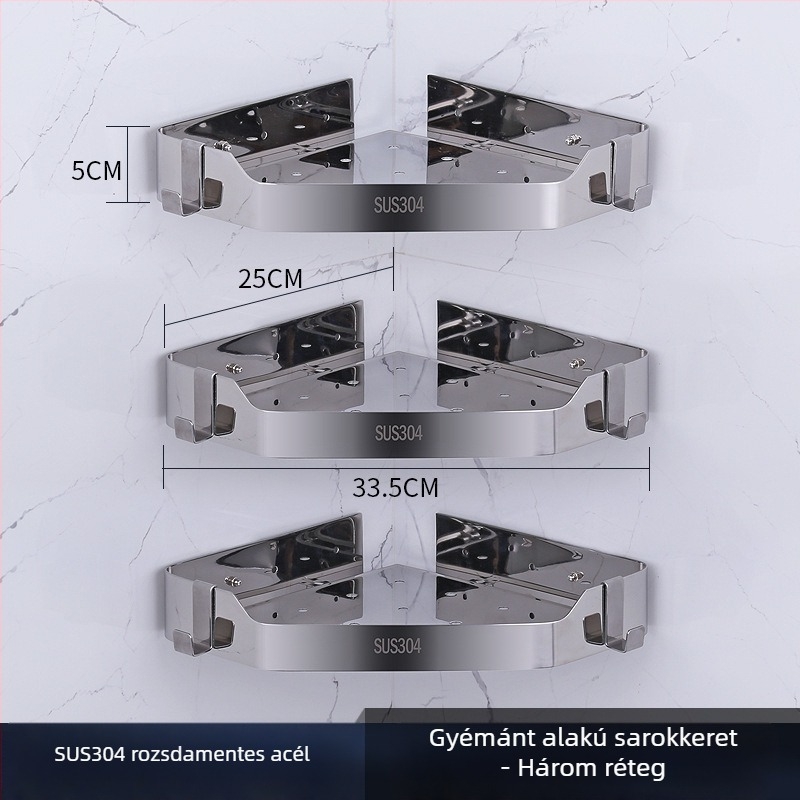 WC sarok falra szerelhető tároló, rozsdamentes acél, polírozott felület, 2 rétegű, modell 750, teherbírás 10