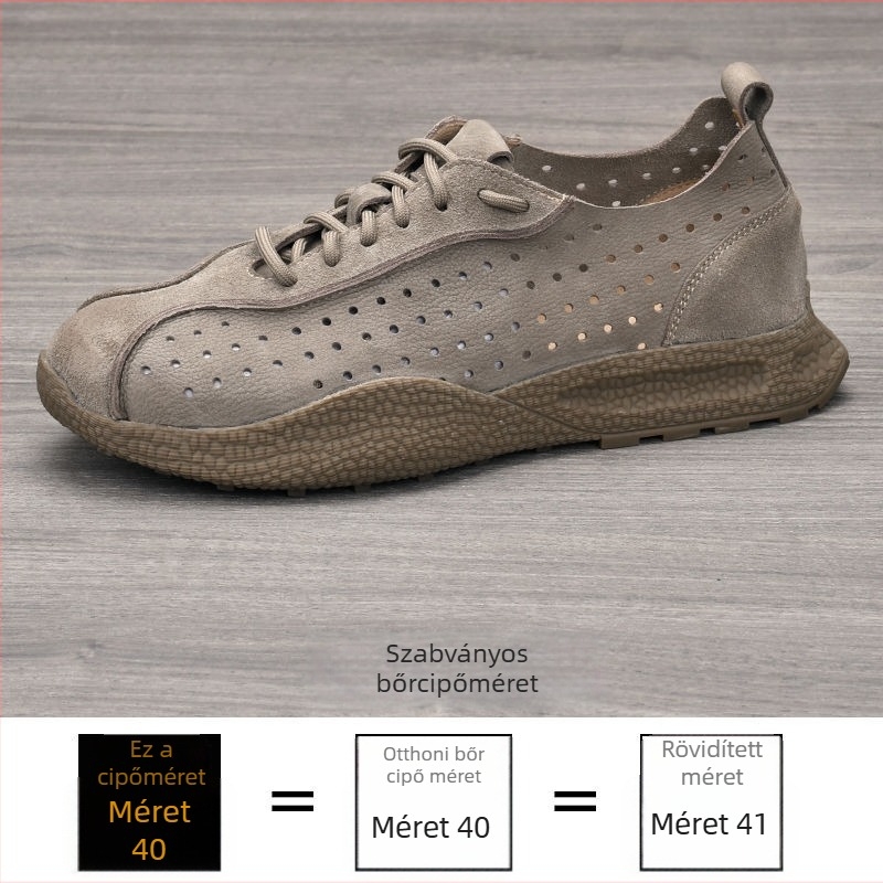 Férfiaknak szánt széles orrú mokaszín; felső rész első réteg marhabőrből; talpbetét első réteg disznó bőrből; gumitalp; csúszásmentes és légáteresztő