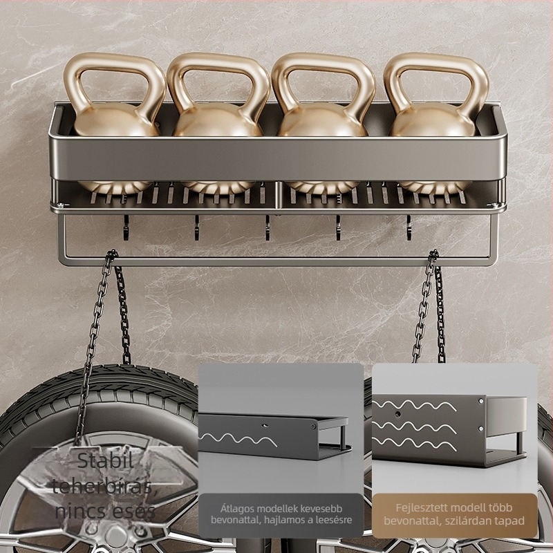 Fürdőszobai falra szerelhető tároló, emelt kivitel, fúrás nélküli telepítés; alumínium konstrukció, 15 kg teherbírás