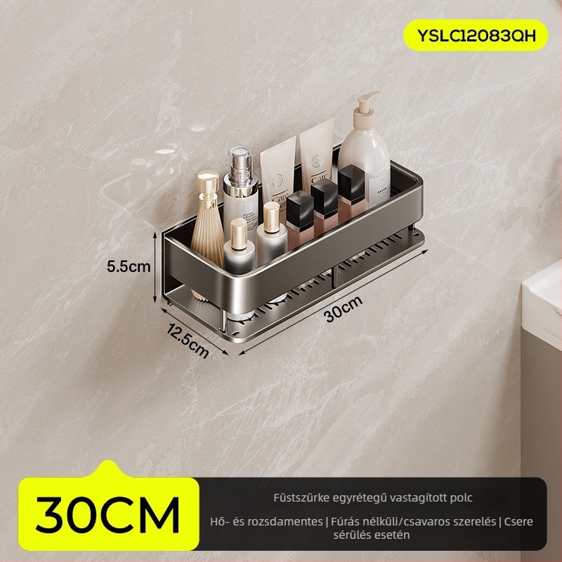 Fürdőszobai falra szerelhető tároló, emelt kivitel, fúrás nélküli telepítés; alumínium konstrukció, 15 kg teherbírás