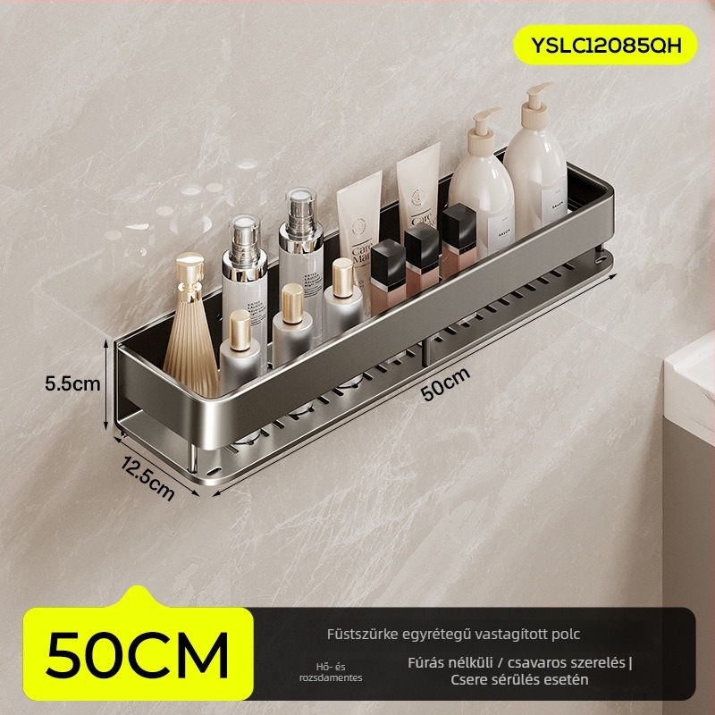 Fürdőszobai falra szerelhető tároló, emelt kivitel, fúrás nélküli telepítés; alumínium konstrukció, 15 kg teherbírás