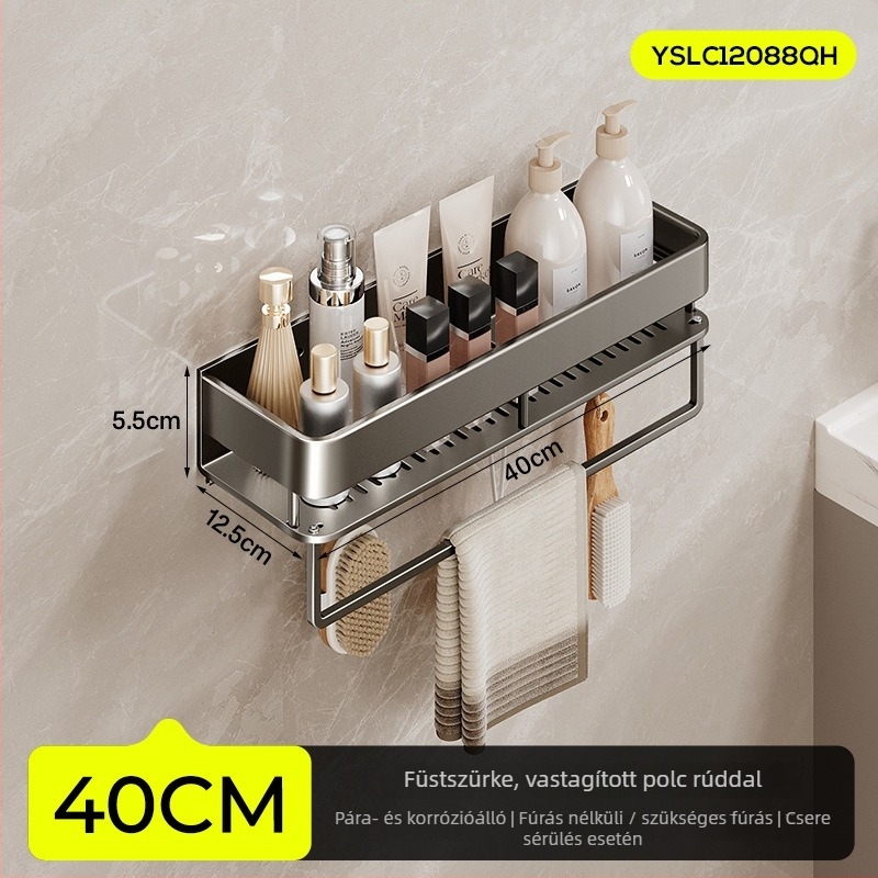 Fürdőszobai falra szerelhető tároló, emelt kivitel, fúrás nélküli telepítés; alumínium konstrukció, 15 kg teherbírás