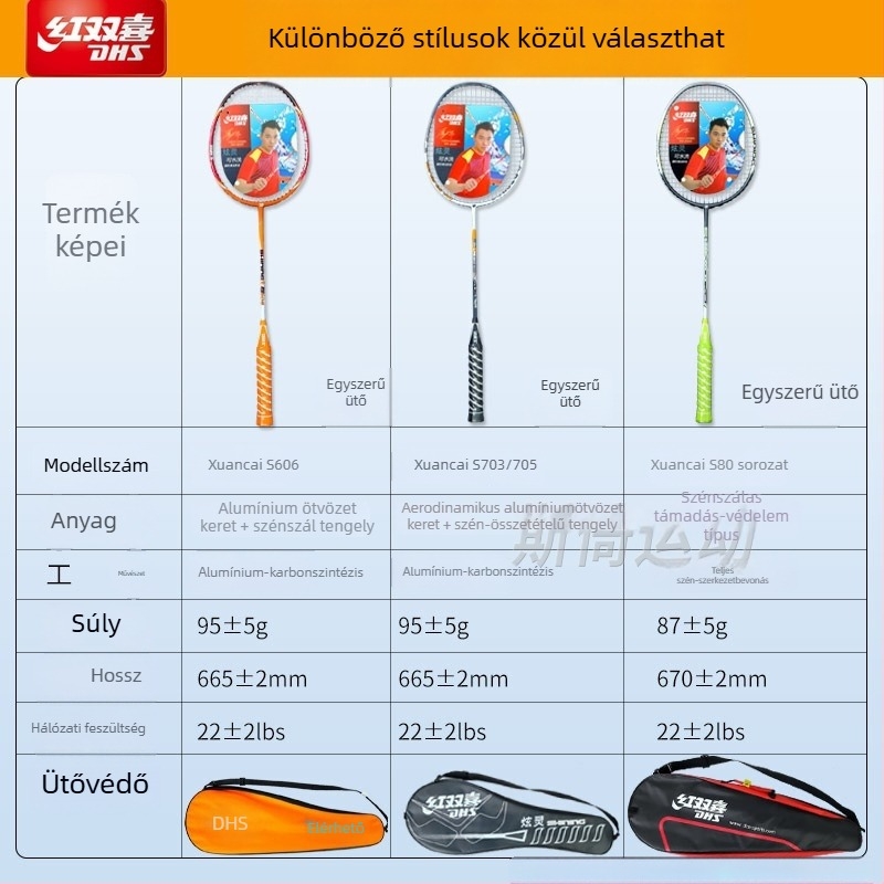 Badminton ütő, teljes karbonból készült, ultrakönnyű, tömege 95–100 g, vastagsága nyele G3, ütő típusa: egyenes, gyermekek számára alkalmas