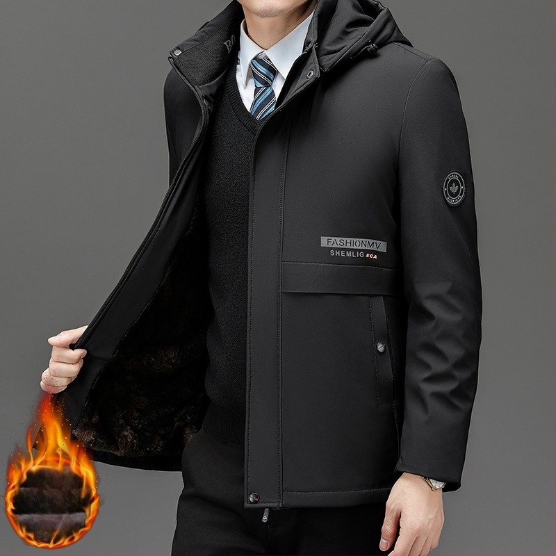 Férfi kapucnis vastagított poliészter töltetű kabát cipzárral, béléssel