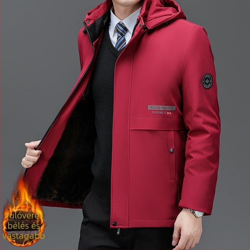 Férfi kapucnis vastagított poliészter töltetű kabát cipzárral, béléssel