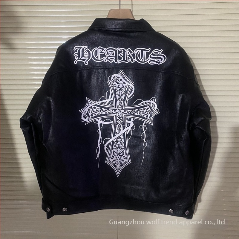 PU bőrből készült dzseki, gallér Lapel, egy soros záródás, laza szabás, oldalsó zsebek, keresztvarrott részletek