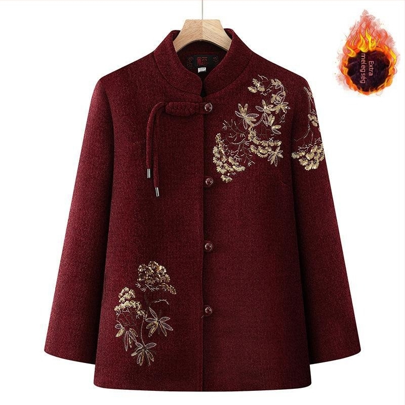 Pamut tömött dzseki fleece béléssel, hosszú fazon, levehető szőrme gallér, idős nőknek