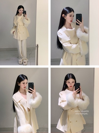 Női kabát visszafordítható róka-szőr és kasmír‑gyapjú keverékből, karcsú vonalú szabás, Corduroy szövet, tél 2025, nyúl szőrszál tartalma 30% alatt