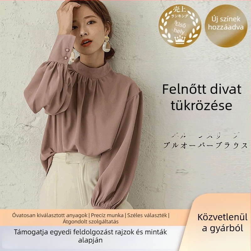 Női sifonblúz kerek nyakkal, hosszú ujjú, laza szabás, japán stílusú városi elegancia