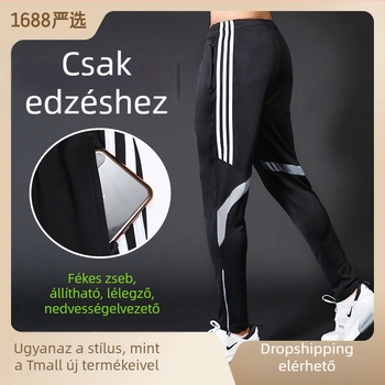 Férfi sportnadrágok középmagasságú, karcsú szabású, gyorsan száradó és nedvességelvezető anyagú, oldalsó csíkkal, 98%-os poliészter keverék.