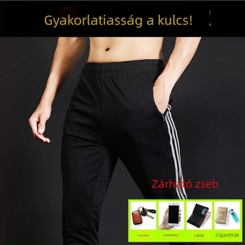 Férfi sportnadrágok középmagasságú, karcsú szabású, gyorsan száradó és nedvességelvezető anyagú, oldalsó csíkkal, 98%-os poliészter keverék.