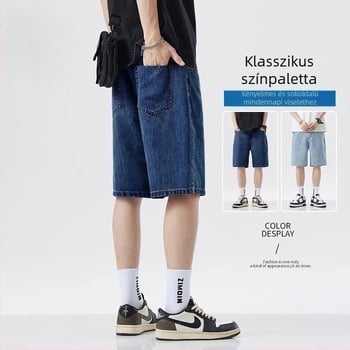 Férfiak számára készült vékony denim rövidnadrág, egyenes szabású, középmagas derékkal, ötnegyedes hossz, mikroelasztikus, 100% poliészter