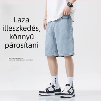 Férfiak számára készült vékony denim rövidnadrág, egyenes szabású, középmagas derékkal, ötnegyedes hossz, mikroelasztikus, 100% poliészter