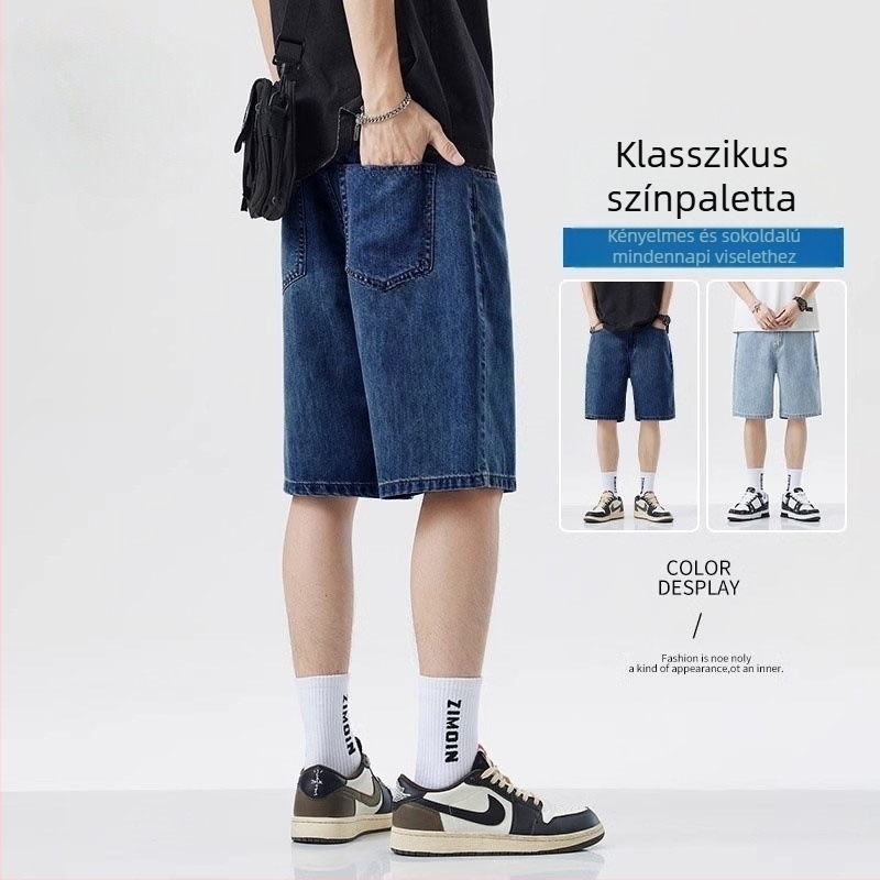 Férfiak számára készült vékony denim rövidnadrág, egyenes szabású, középmagas derékkal, ötnegyedes hossz, mikroelasztikus, 100% poliészter