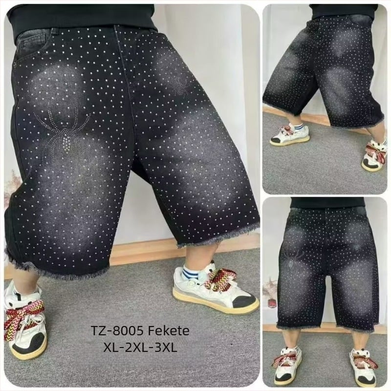 Uniszex denim capri rövidnadrág, pamutkeverék, mikroelasztikus, egyenes szabás, nyárra