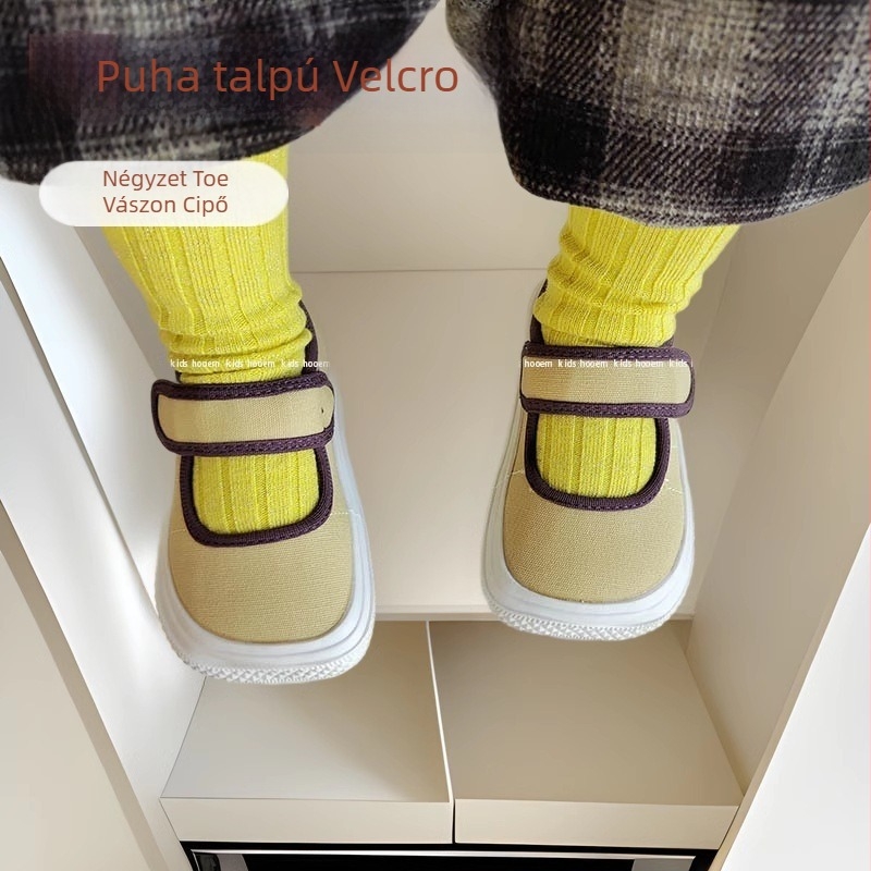 Gyerekeknek készült vászoncipő Velcro-zár, négyzetes orr, koreai stílus, 1-12 éveseknek