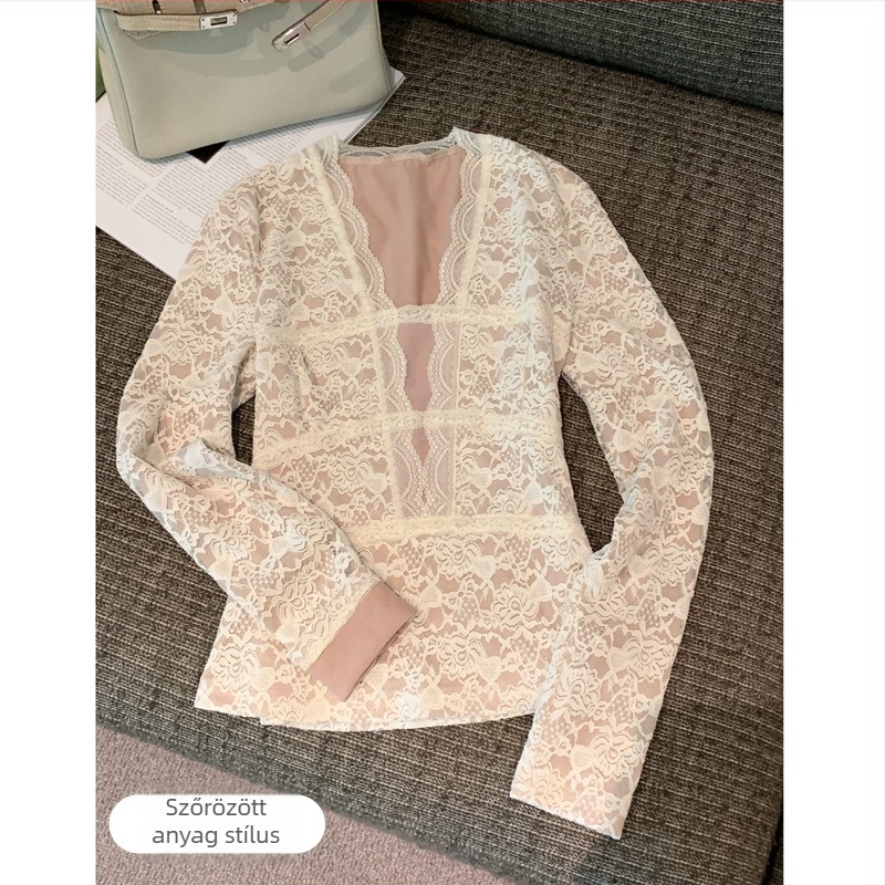 Csipkés felső hosszú ujjú, nylon anyagból, color blocking mintázat, kötött kivitelezés, V-nyakú