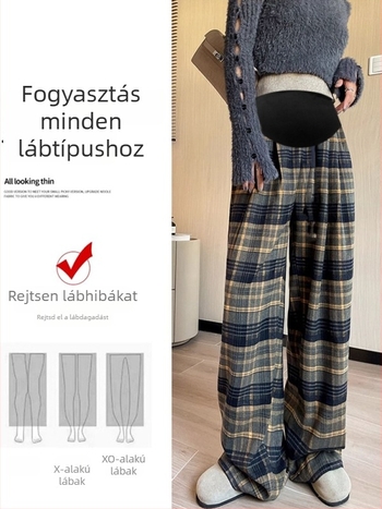 Kismama kockás, széles lábú nadrág fleece belsővel, ősz-téli viselethez, has alátámasztás, gyapjúkeverék anyag (poloszester 50–70%, pamut <30%), mikroelasztikus, padlóig érő