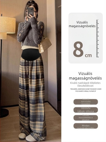 Kismama kockás, széles lábú nadrág fleece belsővel, ősz-téli viselethez, has alátámasztás, gyapjúkeverék anyag (poloszester 50–70%, pamut <30%), mikroelasztikus, padlóig érő