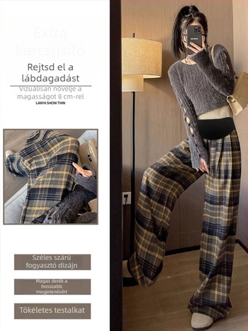 Kismama kockás, széles lábú nadrág fleece belsővel, ősz-téli viselethez, has alátámasztás, gyapjúkeverék anyag (poloszester 50–70%, pamut <30%), mikroelasztikus, padlóig érő
