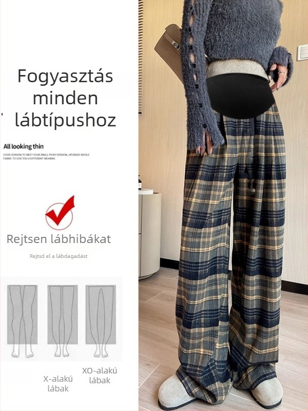 Kismama kockás, széles lábú nadrág fleece belsővel, ősz-téli viselethez, has alátámasztás, gyapjúkeverék anyag (poloszester 50–70%, pamut <30%), mikroelasztikus, padlóig érő