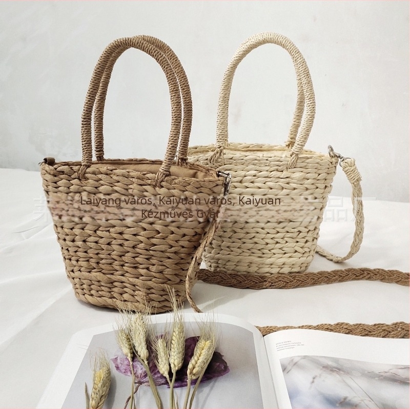 Szőtt szalma bucket táska húzózsinóros zárással, pamut bélés, Kai Source Crafts