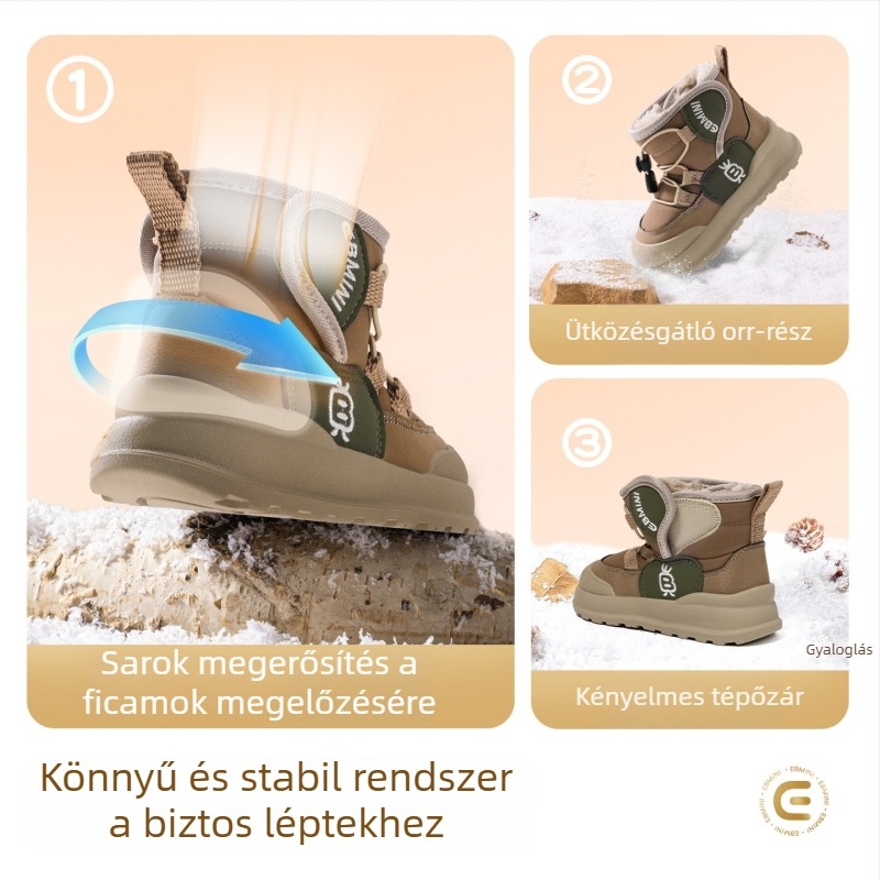 Inbemini gyerekek téli fleece-béléssel bakancs, kerek orrú, középmagas, tépőzáras, csúszásmentes puha talppal, uniszex