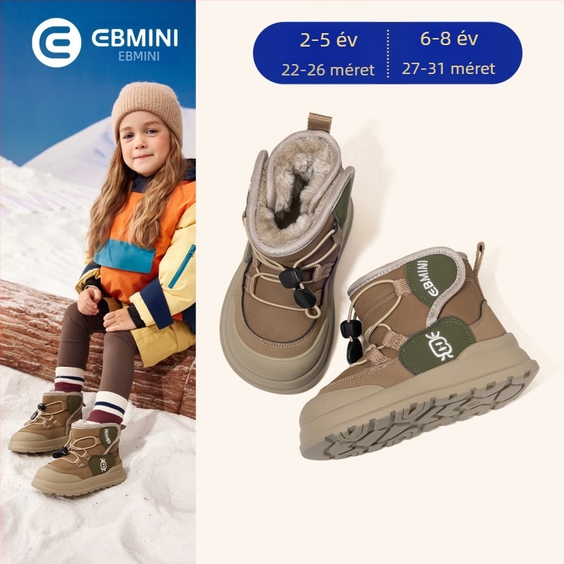 Inbemini gyerekek téli fleece-béléssel bakancs, kerek orrú, középmagas, tépőzáras, csúszásmentes puha talppal, uniszex