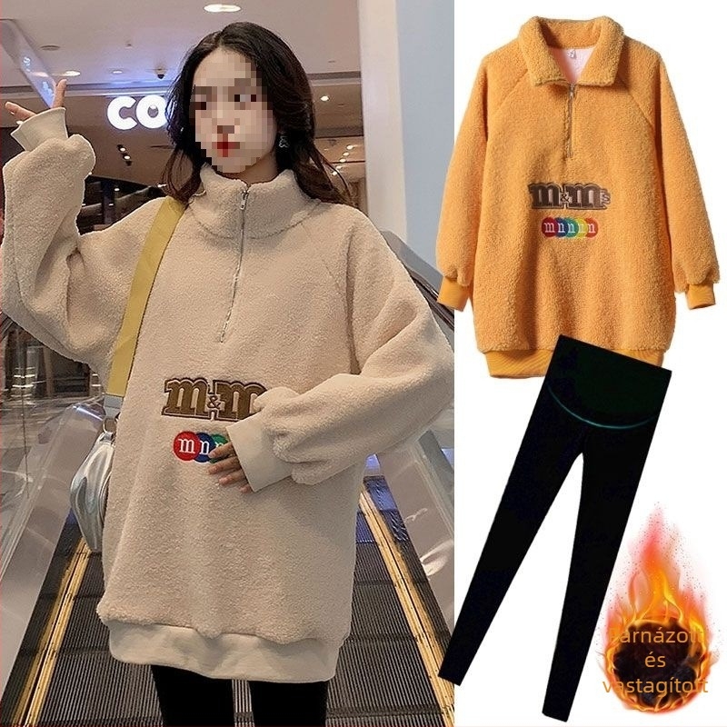 Várandós őszi-téli szett Chenille anyagú, 90–95% elasztán, hosszú ujjú, 3/4 hosszú nadrág, japán-koreai lazább stílus