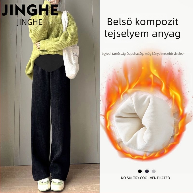 Kismama nadrág ősz-tél fleece béleléssel, meleg, has támasztó, szabad szabású, pamut-poliészter keverék