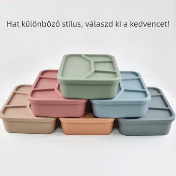 Szilikonból készült ebédes doboz négy rekesszel, mikrohullámú sütőben használható, zárható és hordozható, kapacitás 800–1000 ml