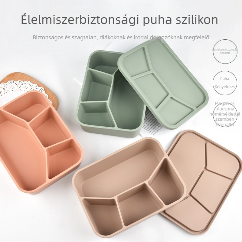 Szilikonból készült ebédes doboz négy rekesszel, mikrohullámú sütőben használható, zárható és hordozható, kapacitás 800–1000 ml