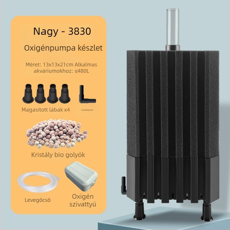 Akváriumi oxigénpumpa beépített szűrődobozzal, műanyagból, édes- és sós halakhoz