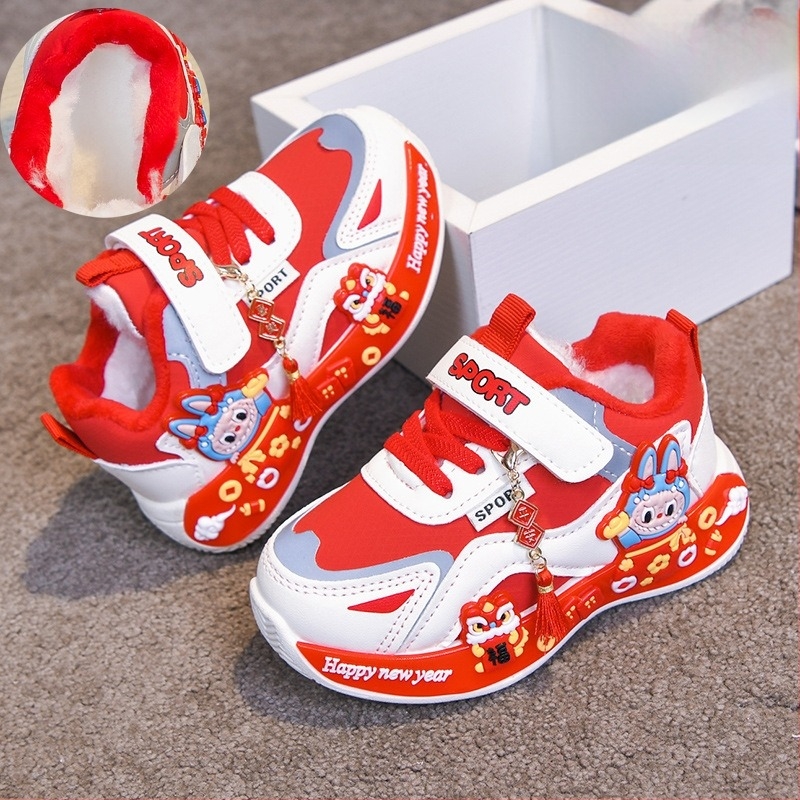 Őszi–téli gyermekcipők fiúknak és lányoknak, mindennapi vízálló sneakers karikatúra mintával és meleg fleece bélés