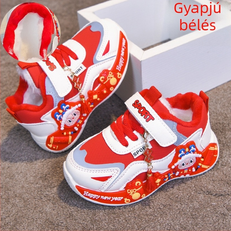 Őszi–téli gyermekcipők fiúknak és lányoknak, mindennapi vízálló sneakers karikatúra mintával és meleg fleece bélés