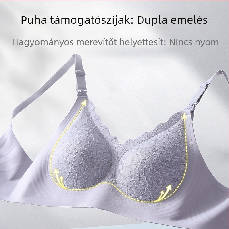 Csipkés terhes- és szoptatós melltartó, varrat nélküli, elülső gombos záródás, vékony formázott kosarak, drót nélküli, fix vállpántok