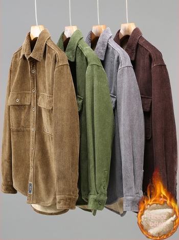 Corduroy Shirt, 100% Cotton Main Fabric, Japanese Vintage Loose Fit, Lapel Collar, Thickened Warmth