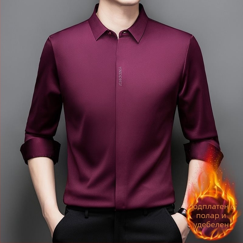 Fleece-béléssel bélelt férfi egyszínű hosszú ujjú ing, üzleti-casual stílusú