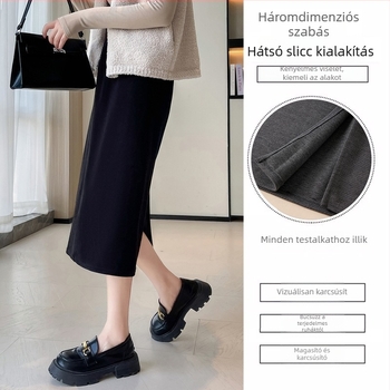 H116 Bordázott kötött midi szoknya, magas derekú, karcsú szabás, hasítás, A-vonal