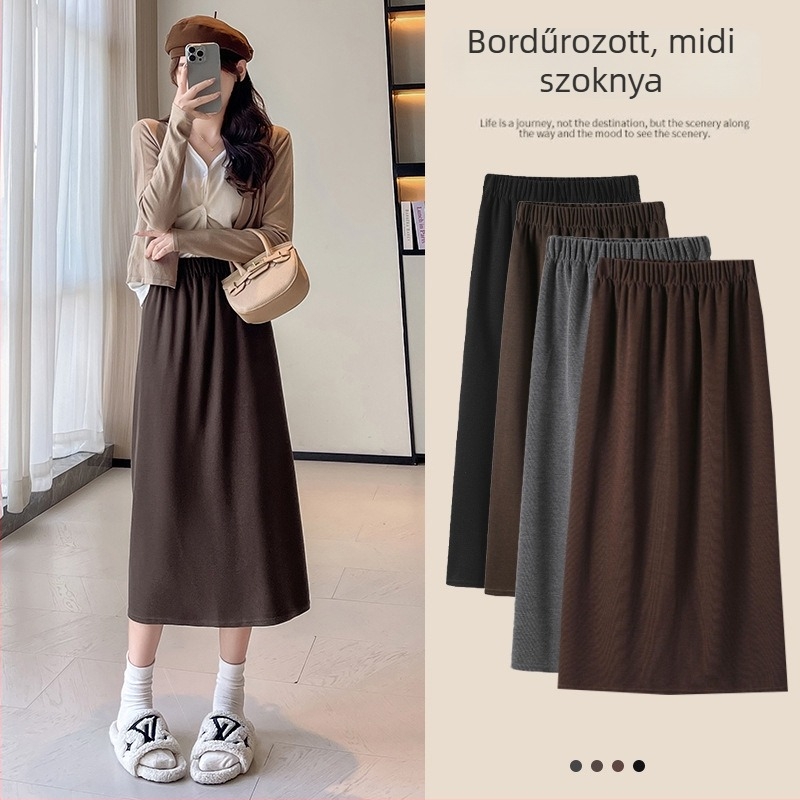 H116 Bordázott kötött midi szoknya, magas derekú, karcsú szabás, hasítás, A-vonal