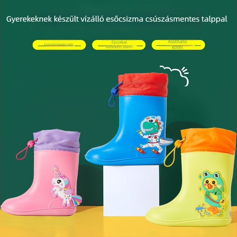 PVC gyerek esőcsizma karikatúra mintával, húzózáras, csúszásmentes talppal, négy évszakos használatra